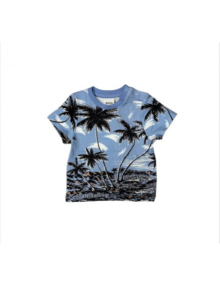 BOSS T-SHIRT BLAUW MET PALMBOMEN