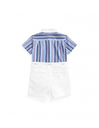 RALPH LAUREN SET 2-DELIG HEMD GESTREEPT BLAUW+ SHORT WIT