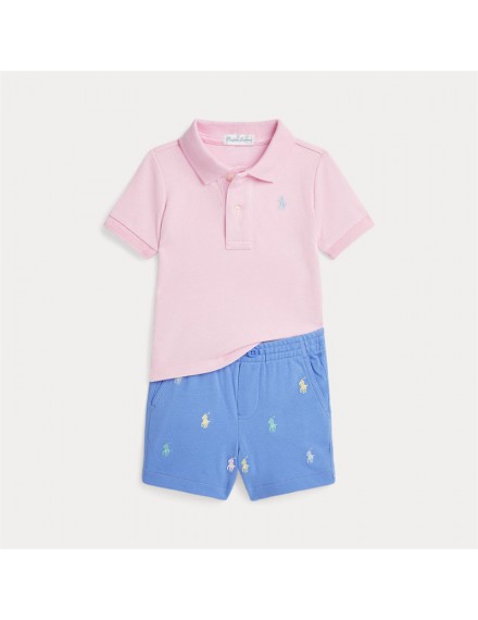 RALPH LAUREN ROZE POLO MET BLAUW SHORTJE