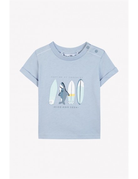 TARTINE ET CHOCOLAT T-SHIRT BLAUW GEWASSEN MET SURFPLANKEN