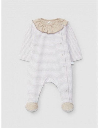 LARANJINHA ROMPER WITH RUFFLE BEIGE WHITE STRIPES