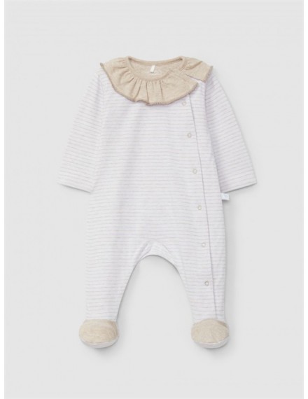 LARANJINHA ROMPER WITH RUFFLE BEIGE WHITE STRIPES