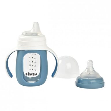 BEABA 2 IN 1 GLAZEN MEEGROEIFLES 210ML + SILICONEN HOES WINDY BLUE - BLAUW