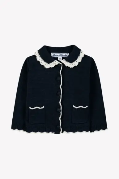 TARTINE ET CHOCOLAT CARDIGAN NAVY WOOL PETER PAN COLLAR EMBRODERY ENGLISH