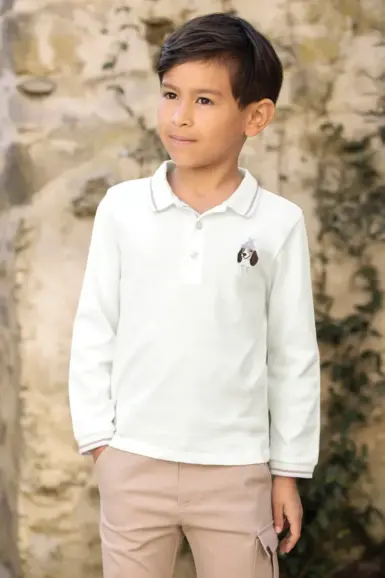 TARTINE ET CHOCOLAT POLO SHIRT ECRU COTTON EMBRODERY DOG