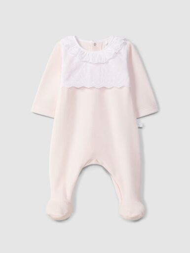 LARANJINHA ZACHT VELOURS KRUIPPAKJE MET ROMANTISCHE BRODERIE PINK