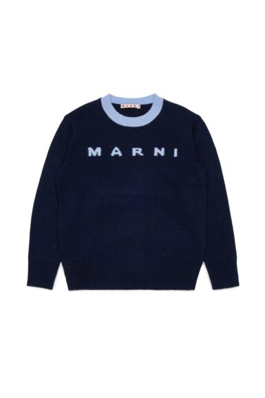 MARNI GEBREIDE TRUI MET LICHTBLAUW LOGO DARK BLUE