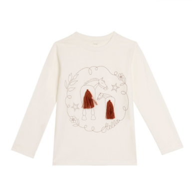 STELLA MCCARTNEY T-SHIRT MET LANGE MOUW PAARDENPRINT EN KWASTJES ECRU